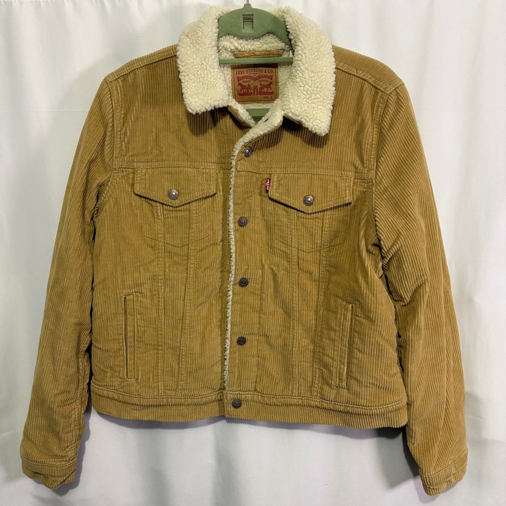 Levis Women's Sherpa Lined Corduroy Trucker Jacket Tan Camel Brown Size L Fall